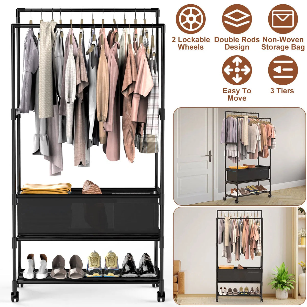 Rolling Garment Rack With Double Hanging Rods, Storage Bag and Shoe Shelf, Black Iron 3-Tier Clothes Rack for Bedroom and Entryway