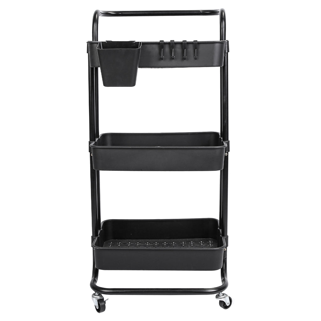 3-Tier Rolling Utility Cart With Mesh Baskets, Hanging Box and 4 Hooks, Lockable 360-Degree Wheels, Black or White