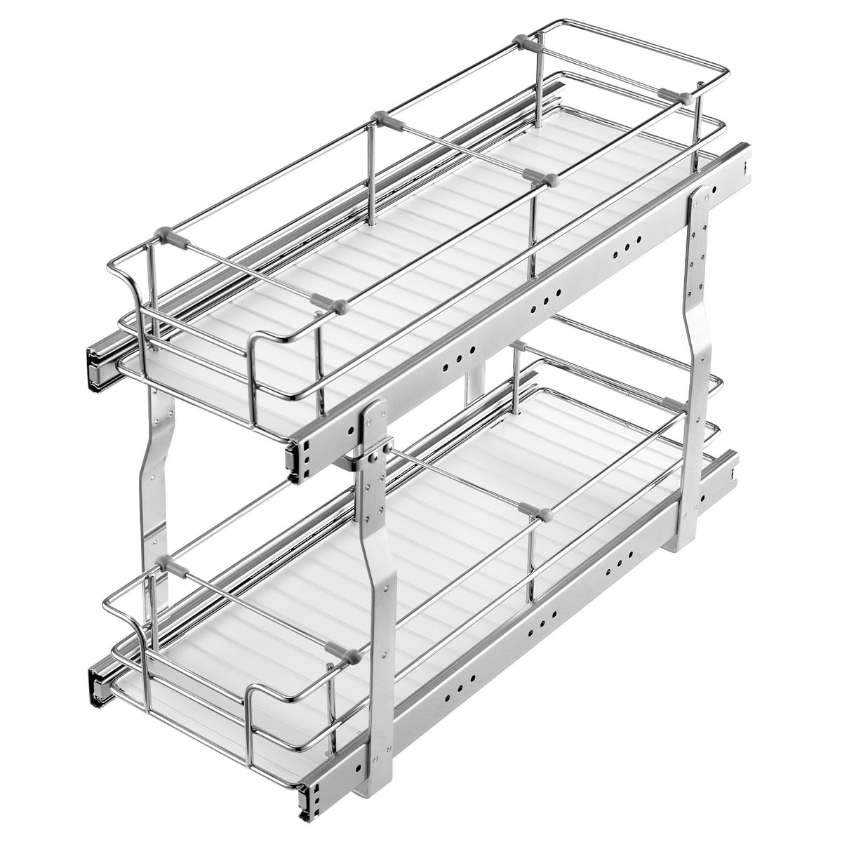 2-Tier Pull Out Cabinet Organizer, Silver Chrome Wire Under Sink Slide Out Basket With Dividers and Non-Slip Mats, 8.5" W x 21" D x 15" H