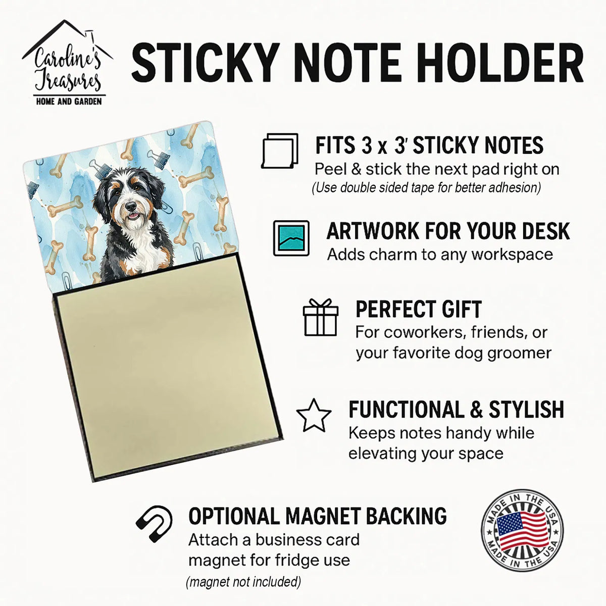 Sticky Note Holder With Refillable 3 x 3 Pad, Watercolor Bernedoodle Dog Art Desk Accessory