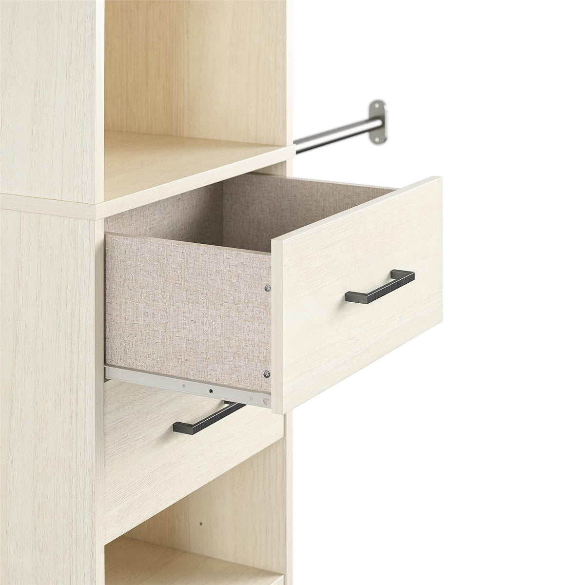 Closet Organizer Tower With 5 Shelves, 2 Drawers and 3 Adjustable Hanging Rods, Ivory Woodgrain
