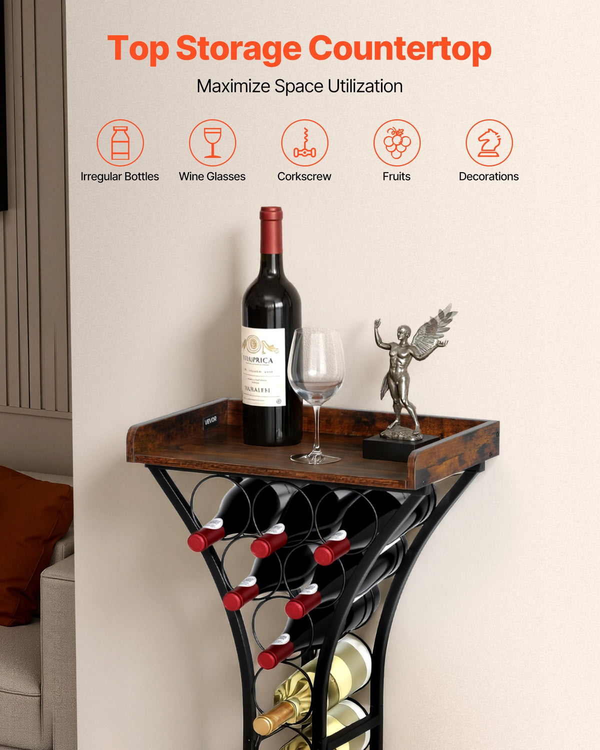 15 Bottle Wine Rack, Freestanding Floor Wine Storage Stand With Wood Top Shelf, Black Metal, For Kitchen, Home Bar, Living Room