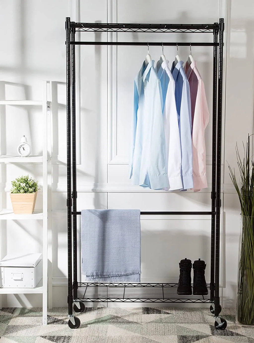 Rolling Garment Rack With Double Hanging Rails, Black Carbon Steel Closet Organizer With Wire Shelves and Locking Wheels, 35.4" x 17.7" x 70.9"