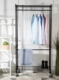Rolling Garment Rack With Double Hanging Rails, Black Carbon Steel Closet Organizer With Wire Shelves and Locking Wheels, 35.4" x 17.7" x 70.9"
