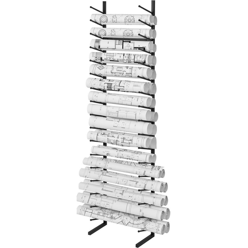 Blueprint Storage Rack, 16-Tier Black Metal Poster and Roll File Holder, Wall-Mounted or Freestanding Plan Rack for Office