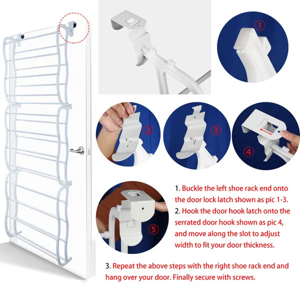 Over the Door Shoe Rack, 12-Tier White Steel Hanging Shoe Organizer for 36 Pairs, Closet and Entryway Storage