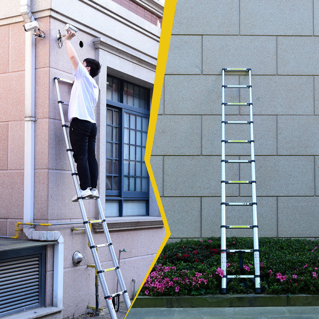Telescoping Extension Ladder, 10.5 ft Aluminum Folding Ladder With Hooks, 330 lb Capacity, Antique Silver