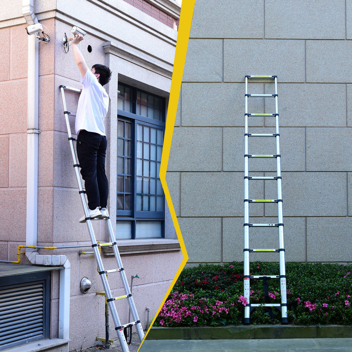 Telescoping Extension Ladder, 10.5 ft Aluminum Folding Ladder With Hooks, 330 lb Capacity, Antique Silver