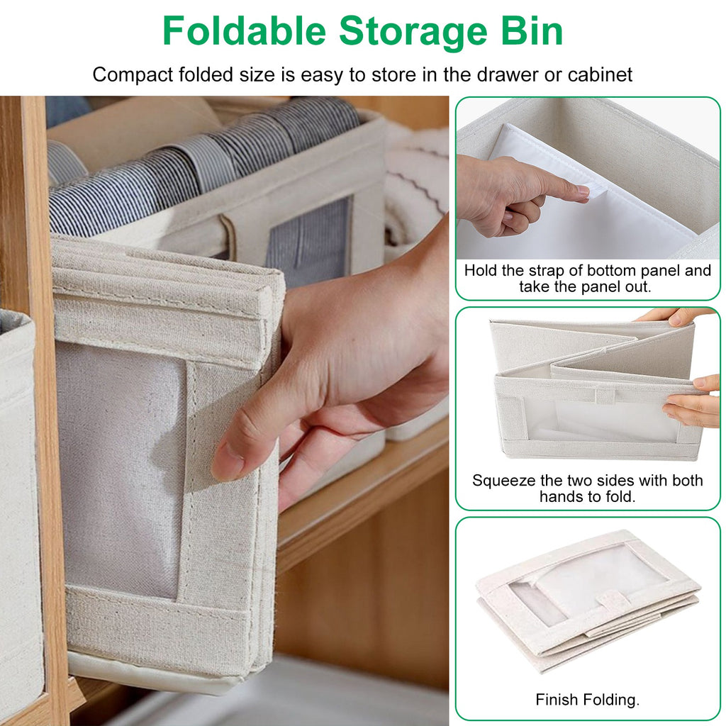 Foldable Linen Closet Storage Bins With Clear Window, Set of 4, Beige Fabric Shelf Organizers, 16.14 x 10.82 x 6.49 in