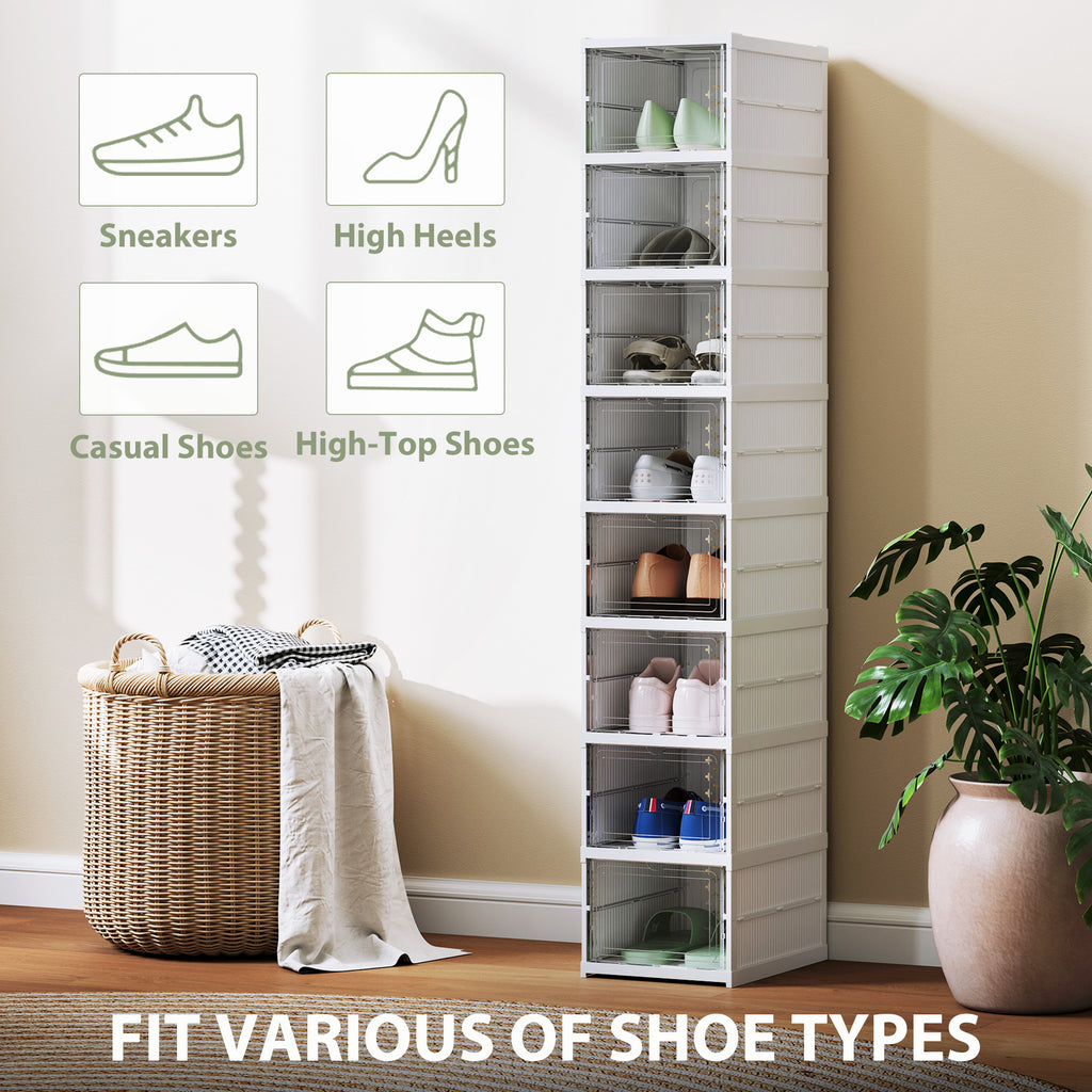 Stackable Shoe Storage Boxes, 8 Pack Foldable Shoe Organizer with Clear Drop Front Door, White, No Assembly, Fits Men's Size 10