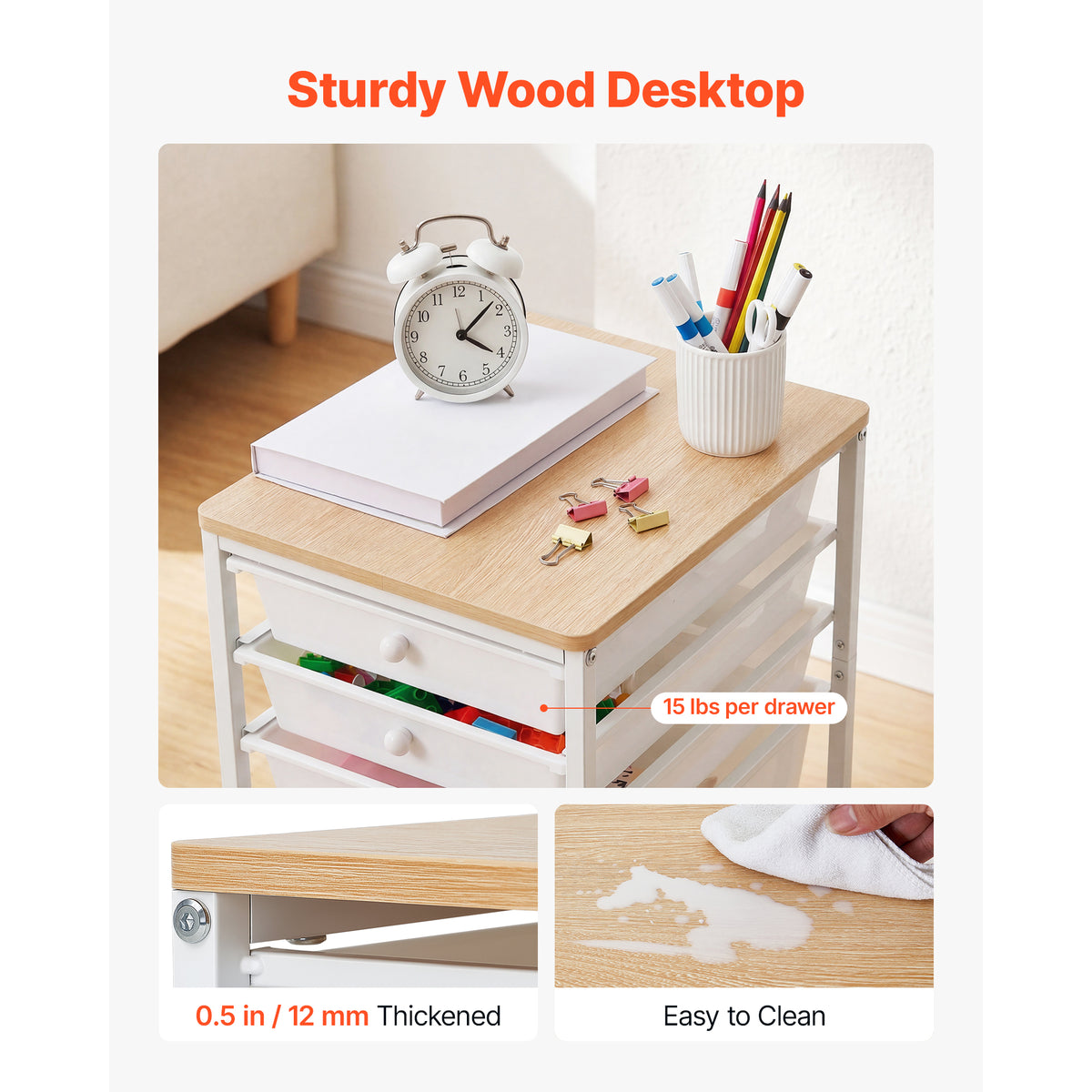 Rolling Cart With 5 Drawers, White Storage Organizer With Wood Top, Steel Frame and Locking Casters for Office, Craft Room and Bedroom
