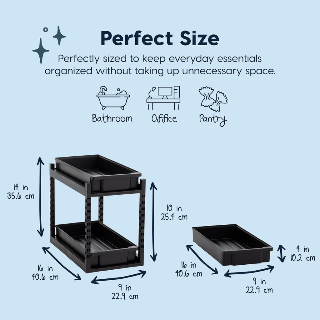 2 Tier Pull Out Cabinet Organizer, Black Under Sink Sliding Drawer Storage for Kitchen, Bathroom and Pantry, 16 x 9 x 14 in