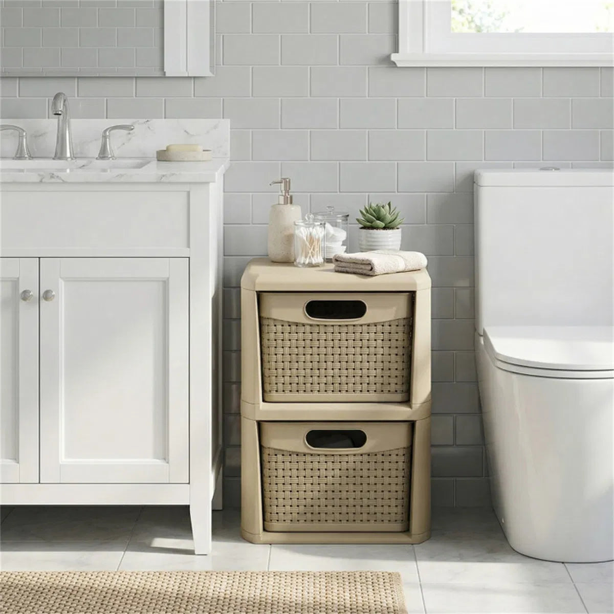 2-Drawer Storage Organizer, Brown Wicker Style Plastic Narrow Cabinet for Bedroom, Bathroom, and Home Office, 13 x 10 x 14 Inches