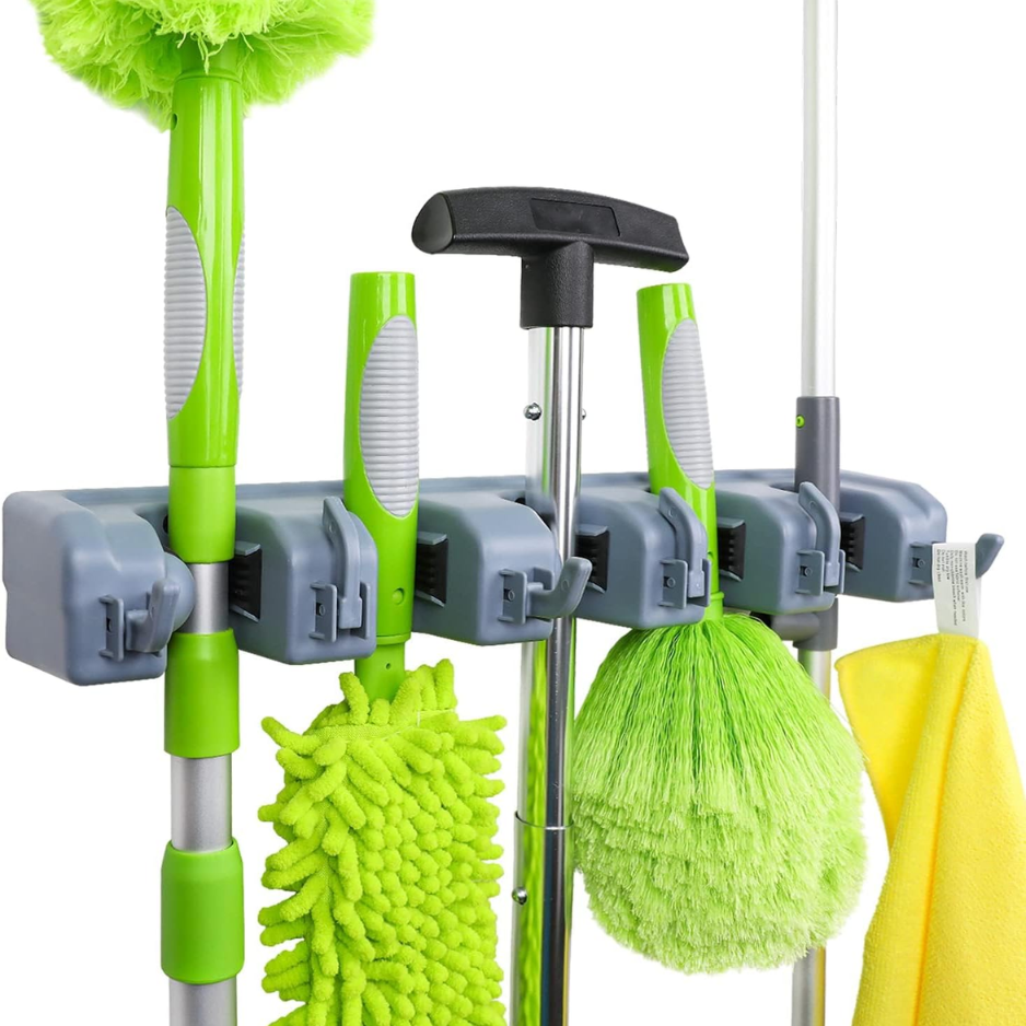 Wall Mount Broom and Mop Holder, Gray Plastic Tool Organizer With Slots and Hooks for Garage, Laundry, or Kitchen