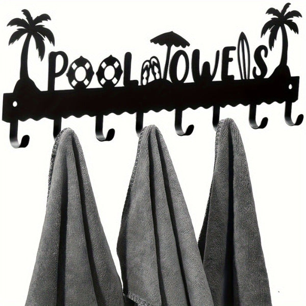 Pool Towel Rack With 8 Hooks, Wall Mounted Black Metal Towel Holder for Bathroom, Poolside, and Spa