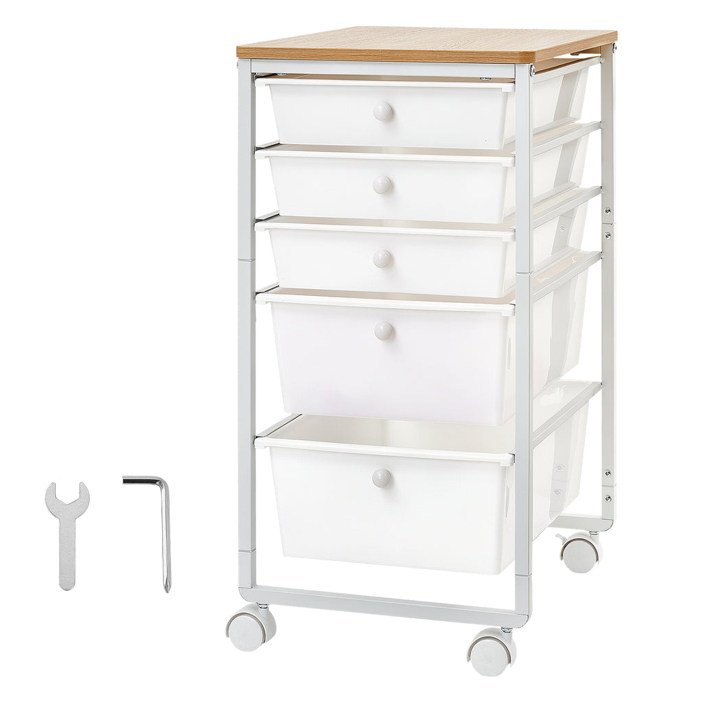 Rolling Cart With 5 Drawers, White Storage Organizer With Wood Top, Steel Frame and Locking Casters for Office, Craft Room and Bedroom
