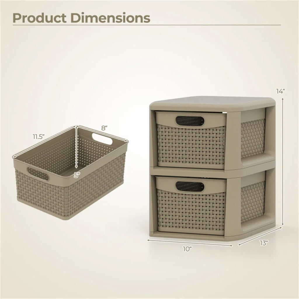 2-Drawer Storage Organizer, Brown Wicker Style Plastic Narrow Cabinet for Bedroom, Bathroom, and Home Office, 13 x 10 x 14 Inches