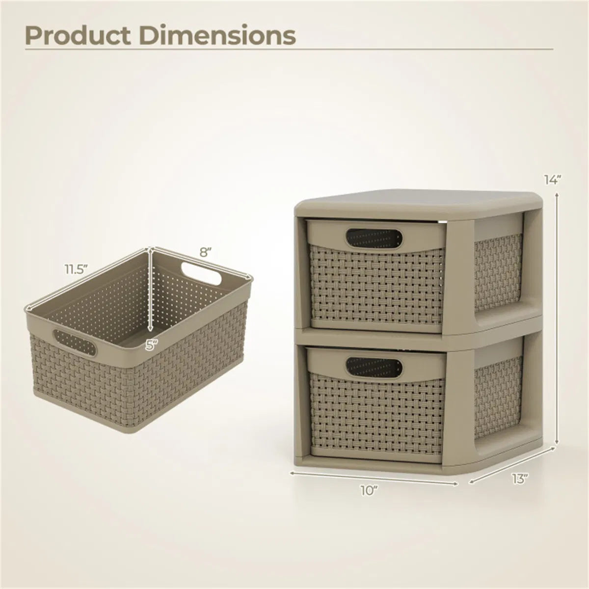 2-Drawer Storage Organizer, Brown Wicker Style Plastic Narrow Cabinet for Bedroom, Bathroom, and Home Office, 13 x 10 x 14 Inches