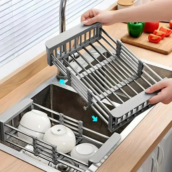 Adjustable Over the Sink Dish Drying Rack, Stainless Steel Expandable Drain Basket for Dishes and Produce