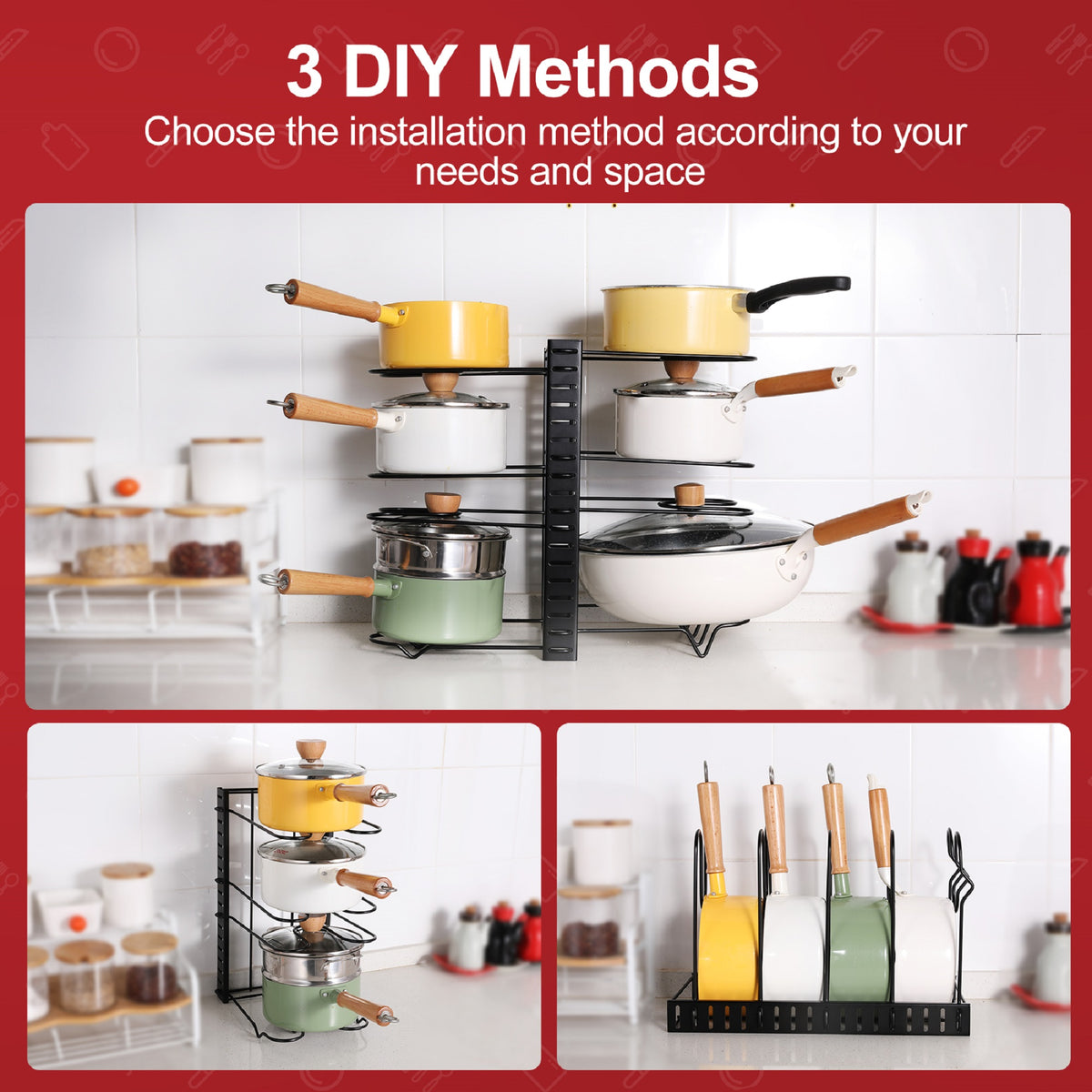 Adjustable Pot and Pan Organizer Rack, Black Steel Pot Lid Holder for Kitchen Cabinets, Countertops and Drawers