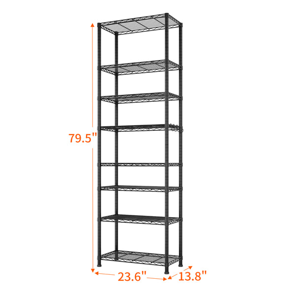 8-Tier Wire Shelving Unit, Black Carbon Steel Storage Rack With Adjustable Feet and 4 S-Hooks, 23.62 x 13.78 x 78.74 Inches