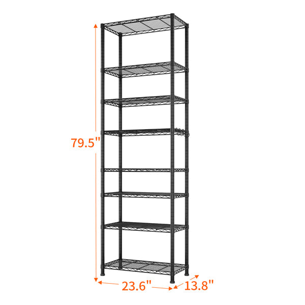 8-Tier Wire Shelving Unit, Black Carbon Steel Storage Rack With Adjustable Feet and 4 S-Hooks, 23.62 x 13.78 x 78.74 Inches