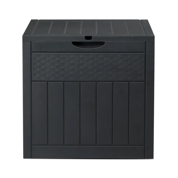 Outdoor Storage Box, 33 Gallon Dark Gray Plastic Deck Box With Wood and Rattan Texture, Clamshell Lid