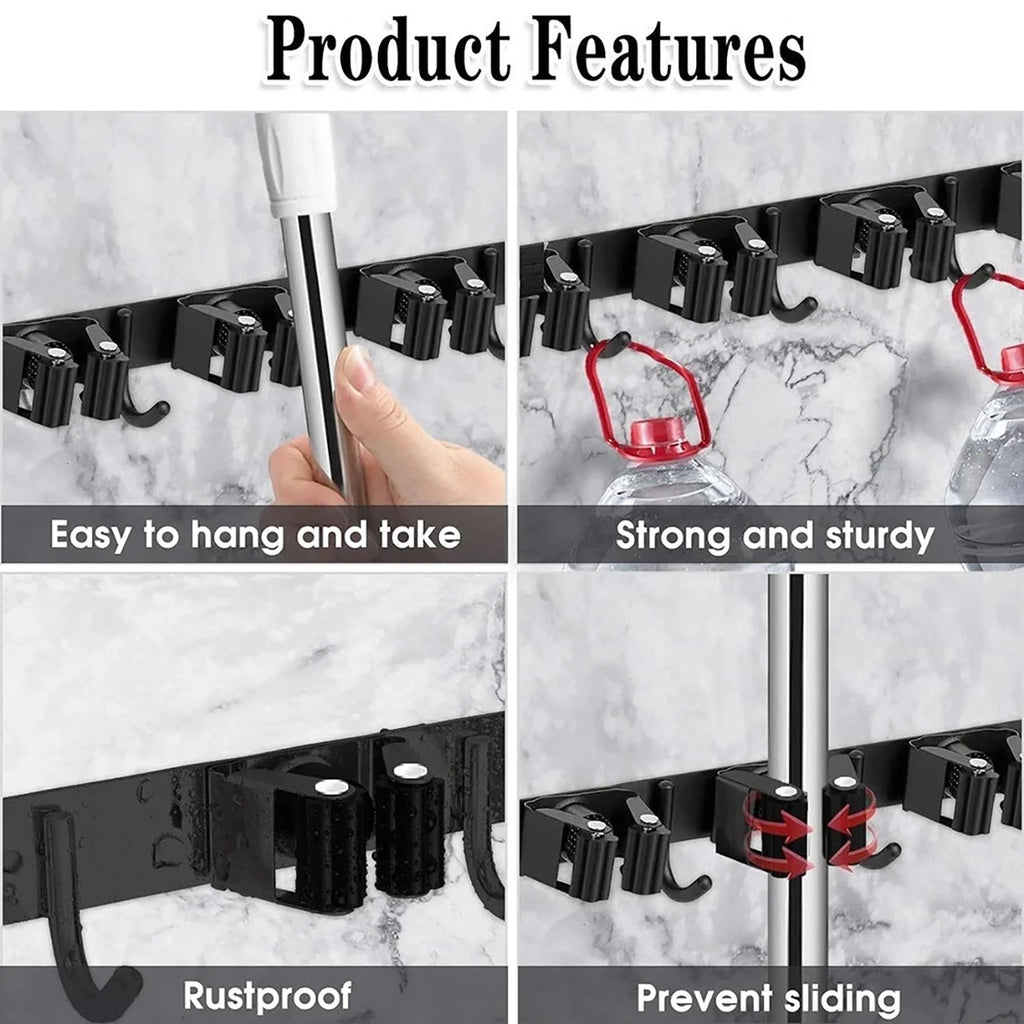 Broom and Mop Holder Wall Mount, Black Stainless Steel Garage Tool Organizer with 5 Slots and 4 Hooks, 17 Inch