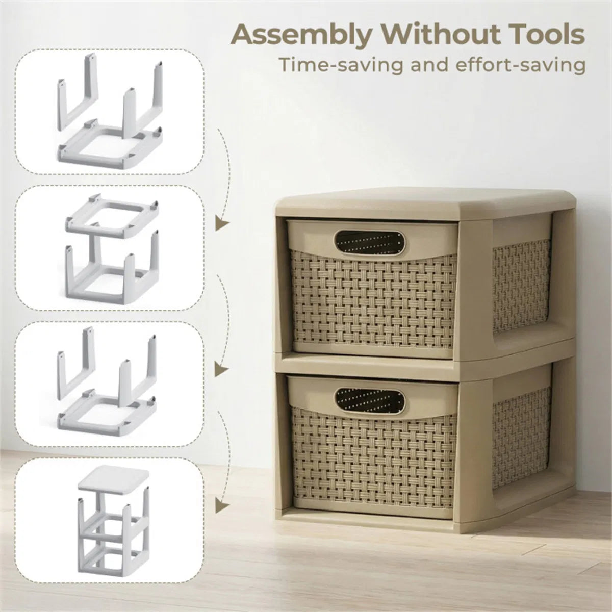 2-Drawer Storage Organizer, Brown Wicker Style Plastic Narrow Cabinet for Bedroom, Bathroom, and Home Office, 13 x 10 x 14 Inches