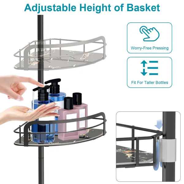 Corner Shower Caddy With Tension Pole, 4 Adjustable Shelves, Towel Bar and 2 Hooks, Black, 8.66-116.14 In