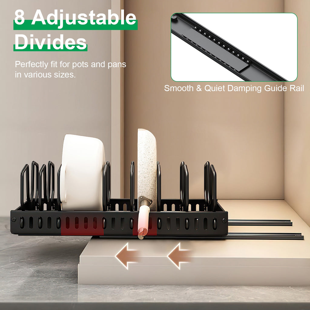 Pull Out Pots and Pans Organizer for Under Cabinet, 8 Adjustable Dividers, Carbon Steel Sliding Cookware and Lid Rack, Black or White