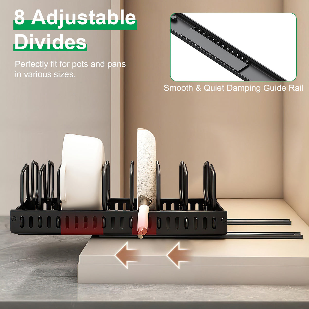 Pull Out Pots and Pans Organizer for Under Cabinet, 8 Adjustable Dividers, Carbon Steel Sliding Cookware and Lid Rack, Black or White