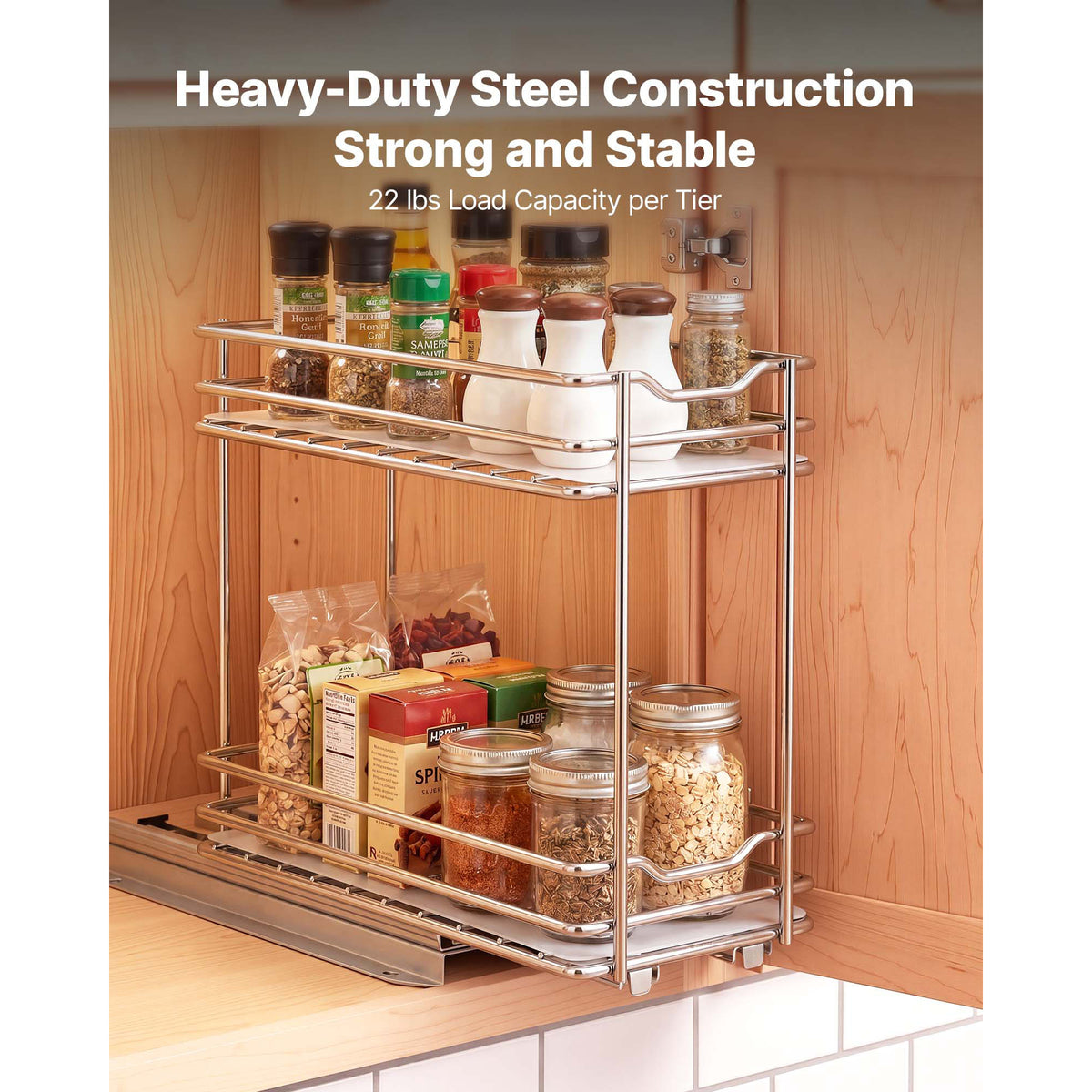 Pull Out Spice Rack Organizer for Cabinet, 2 Tier Slide Out Metal Seasoning Basket, Silver, 4.33" W x 8.46" D x 10.43" H