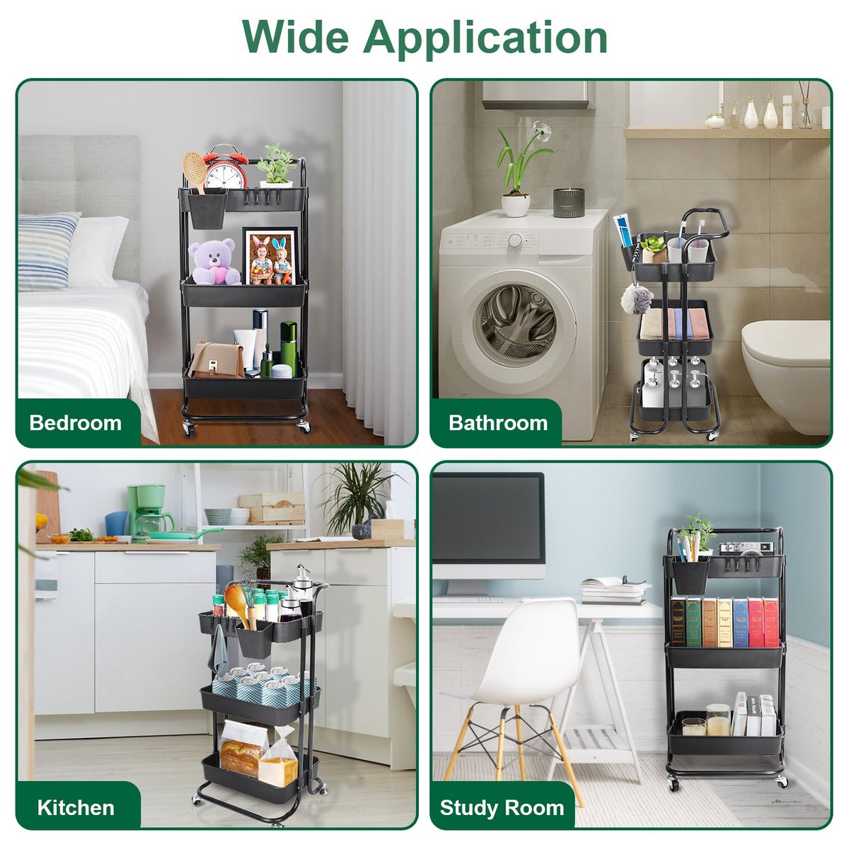 3-Tier Rolling Utility Cart With Mesh Baskets, Hanging Box and 4 Hooks, Lockable 360-Degree Wheels, Black or White
