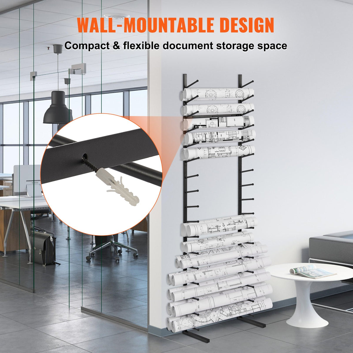 Blueprint Storage Rack, 16-Tier Black Metal Poster and Roll File Holder, Wall-Mounted or Freestanding Plan Rack for Office