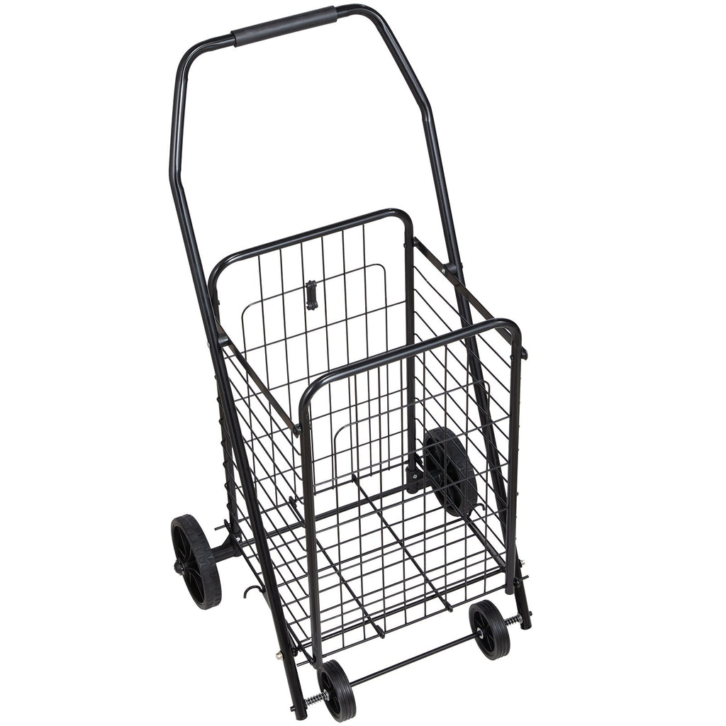 Folding Shopping Cart with Swivel Wheels, 90 lb Capacity Rolling Grocery and Laundry Utility Cart, Black Metal Mesh Basket
