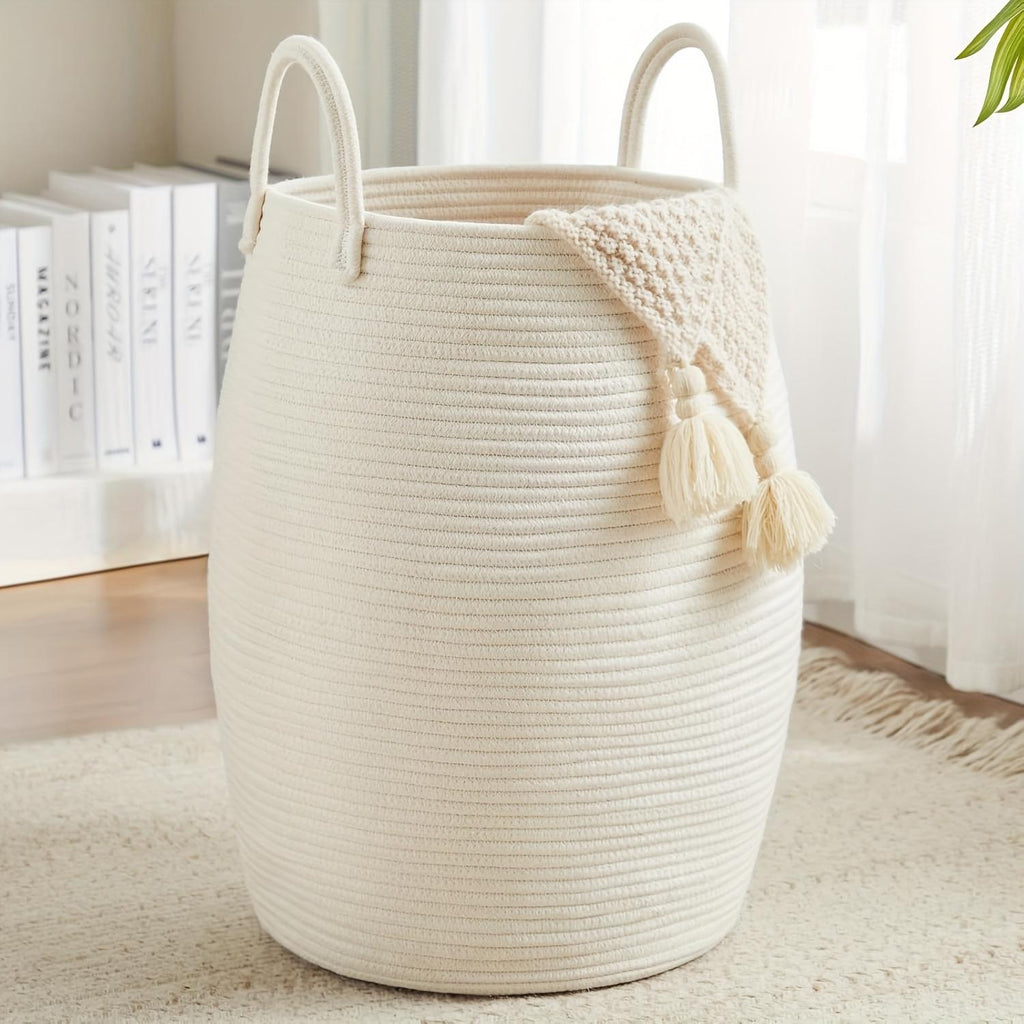 Tall Woven Laundry Hamper With Extended Handles, 22 Inch Foldable Clothes Basket for Bedroom and Bathroom, Black, Brown, White