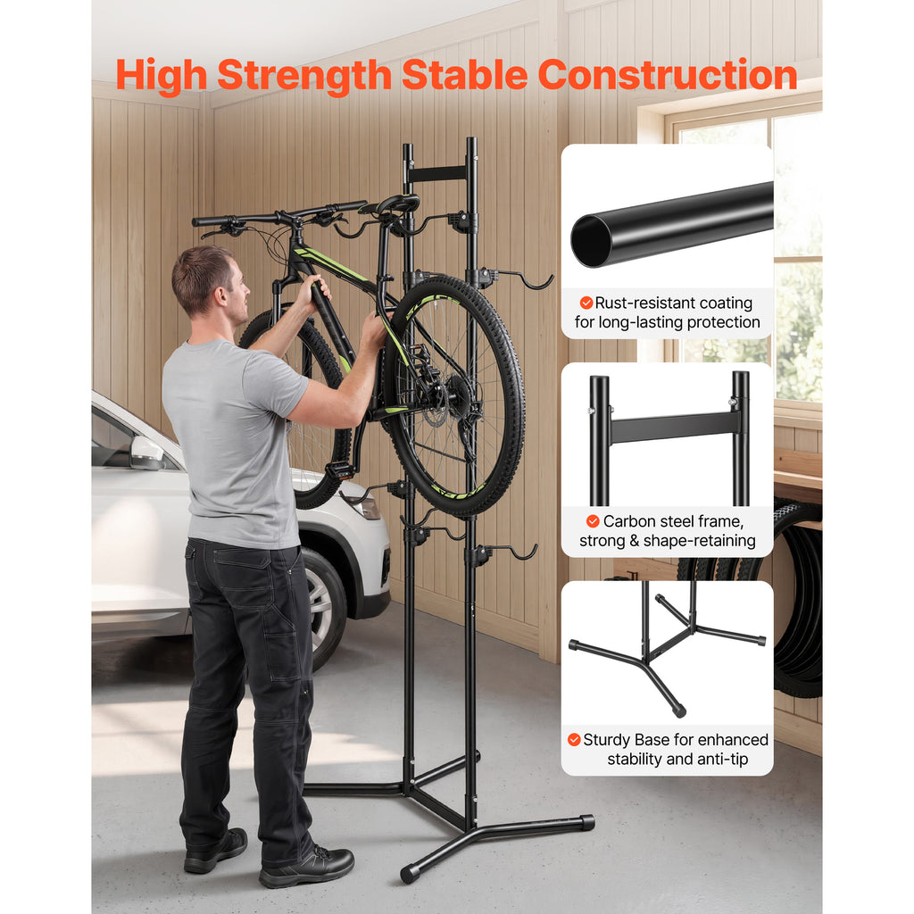 Bike Stand for 4 Bikes, Freestanding Vertical Bike Storage Rack with Height-Adjustable Hooks, Carbon Steel Garage Bicycle Floor Stand, Black