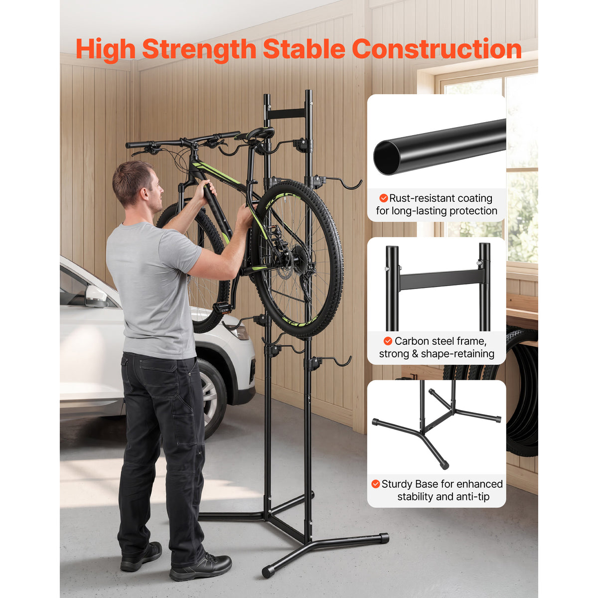 Bike Stand for 4 Bikes, Freestanding Vertical Bike Storage Rack with Height-Adjustable Hooks, Carbon Steel Garage Bicycle Floor Stand, Black