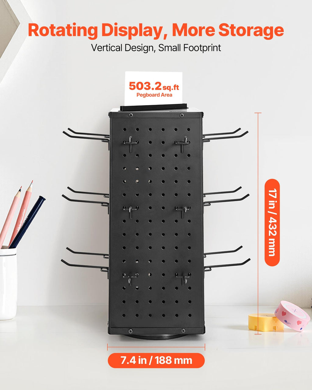 Rotating Pegboard Display Stand, 4-Sided Spinning Peg Board Organizer With 24 Hooks, Black Cold-Rolled Steel, 7.4 x 7.4 x 17 In