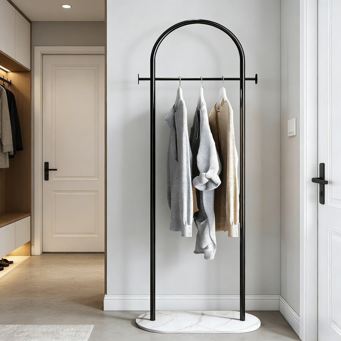 Freestanding Clothes Rack With Marble Base, Metal Garment Rack With 2 Side Hooks for Bedroom and Entryway