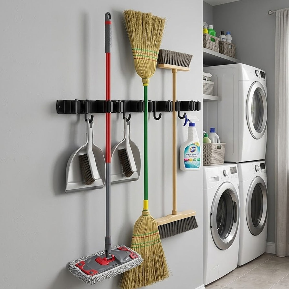 Broom and Mop Holder Wall Mount, Black Stainless Steel Garage Tool Organizer with 5 Slots and 4 Hooks, 17 Inch