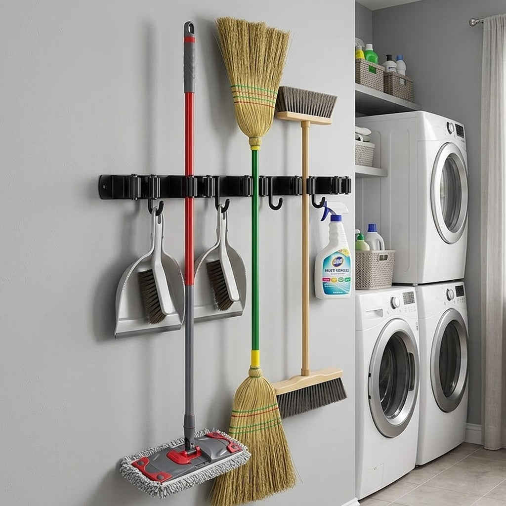 Broom and Mop Holder Wall Mount, Black Stainless Steel Garage Tool Organizer with 5 Slots and 4 Hooks, 17 Inch