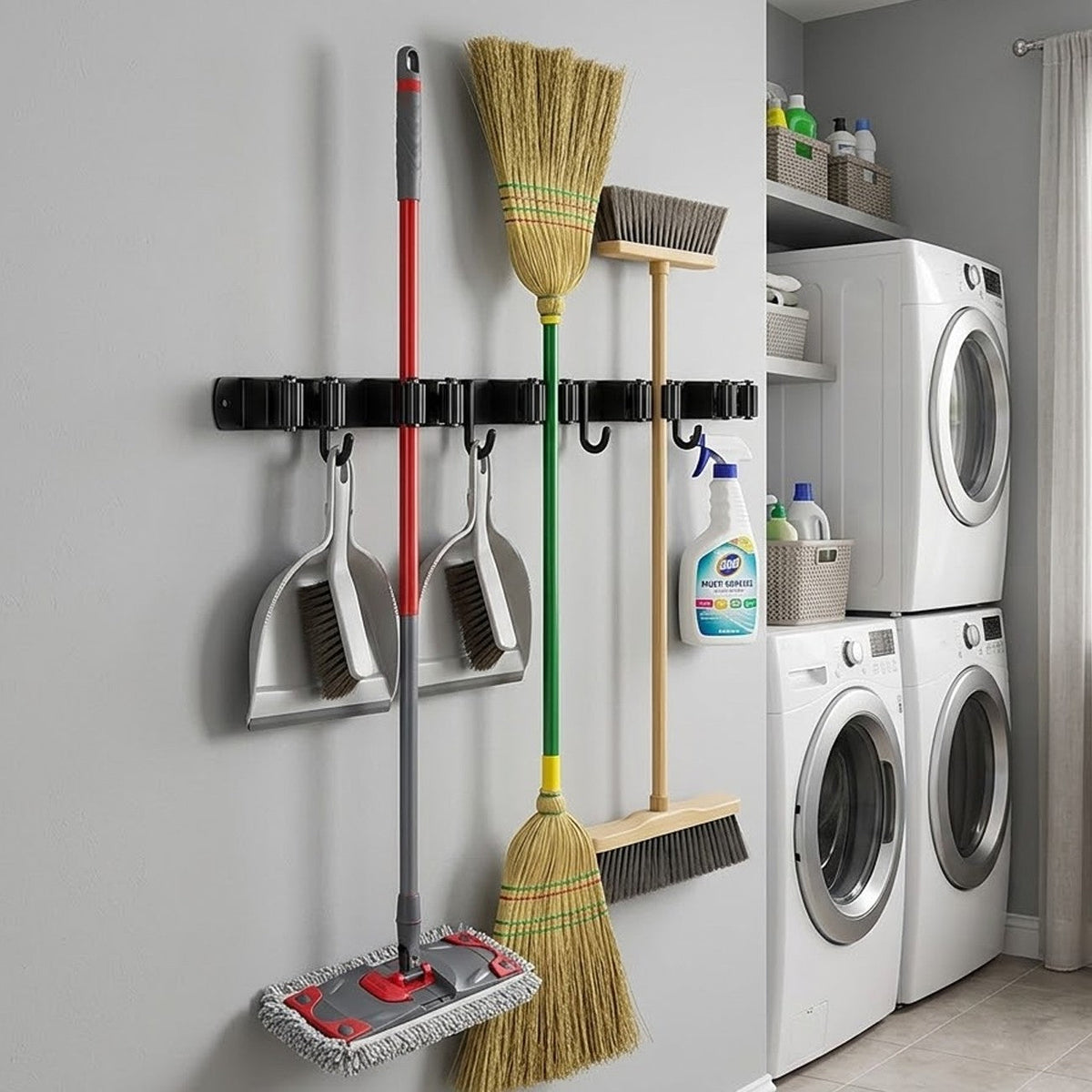 Broom and Mop Holder Wall Mount, Black Stainless Steel Garage Tool Organizer with 5 Slots and 4 Hooks, 17 Inch