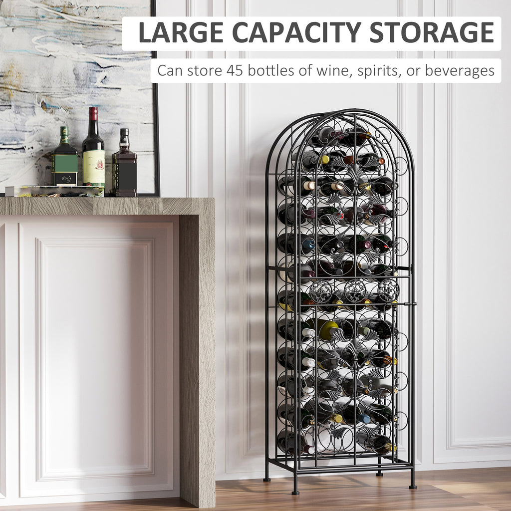 45-Bottle Wine Rack with Locking Door, Black Wrought Iron Freestanding Wine Storage Cabinet for Kitchen, Bar or Dining Room