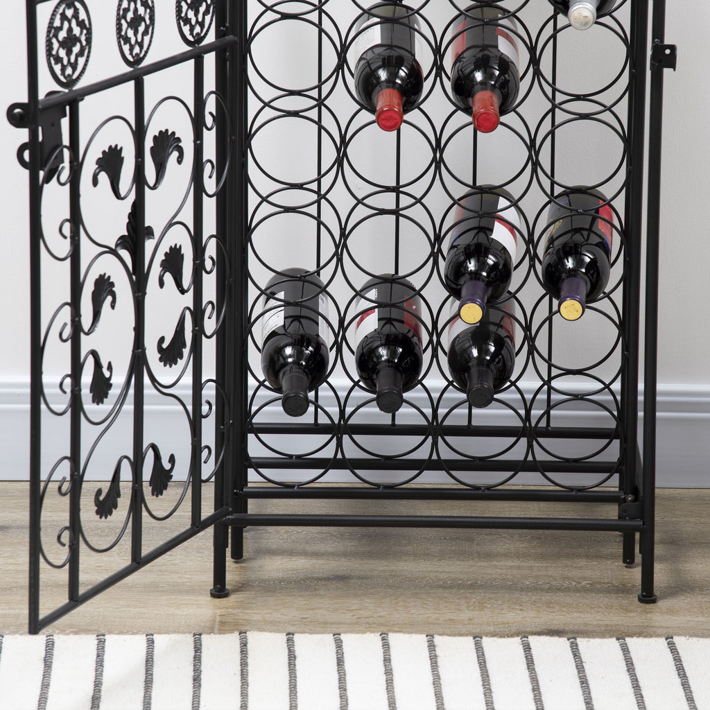 45-Bottle Wine Rack with Locking Door, Black Wrought Iron Freestanding Wine Storage Cabinet for Kitchen, Bar or Dining Room