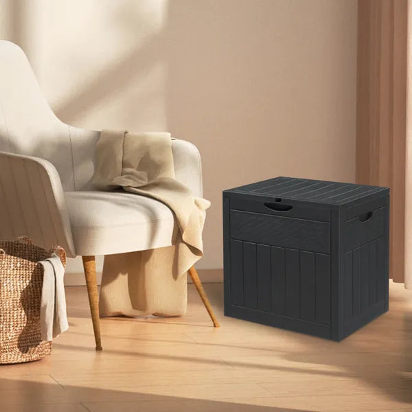 Outdoor Storage Box, 33 Gallon Dark Gray Plastic Deck Box With Wood and Rattan Texture, Clamshell Lid