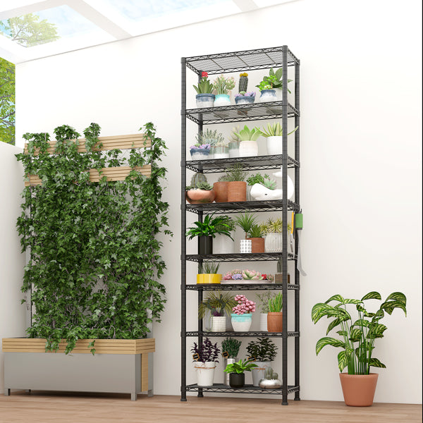 8-Tier Wire Shelving Unit, Black Carbon Steel Storage Rack With Adjustable Feet and 4 S-Hooks, 23.62 x 13.78 x 78.74 Inches