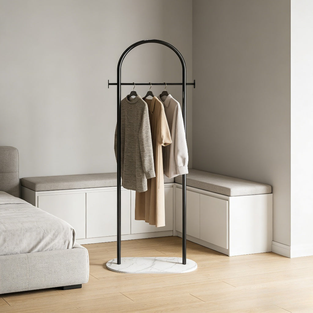 Freestanding Clothes Rack With Marble Base, Metal Garment Rack With 2 Side Hooks for Bedroom and Entryway