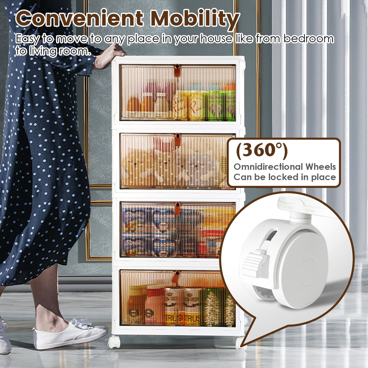 4-Tier Foldable Storage Bins With Magnetic Front Doors and Wheels, Beige Stackable Closet Organizer, 76 or 85.6 Quart
